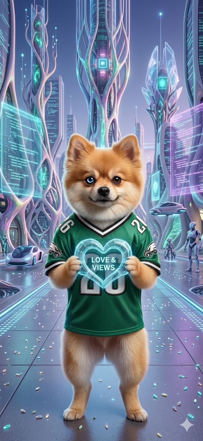 Kobe, the ViewsAI mascot, in a futuristic city